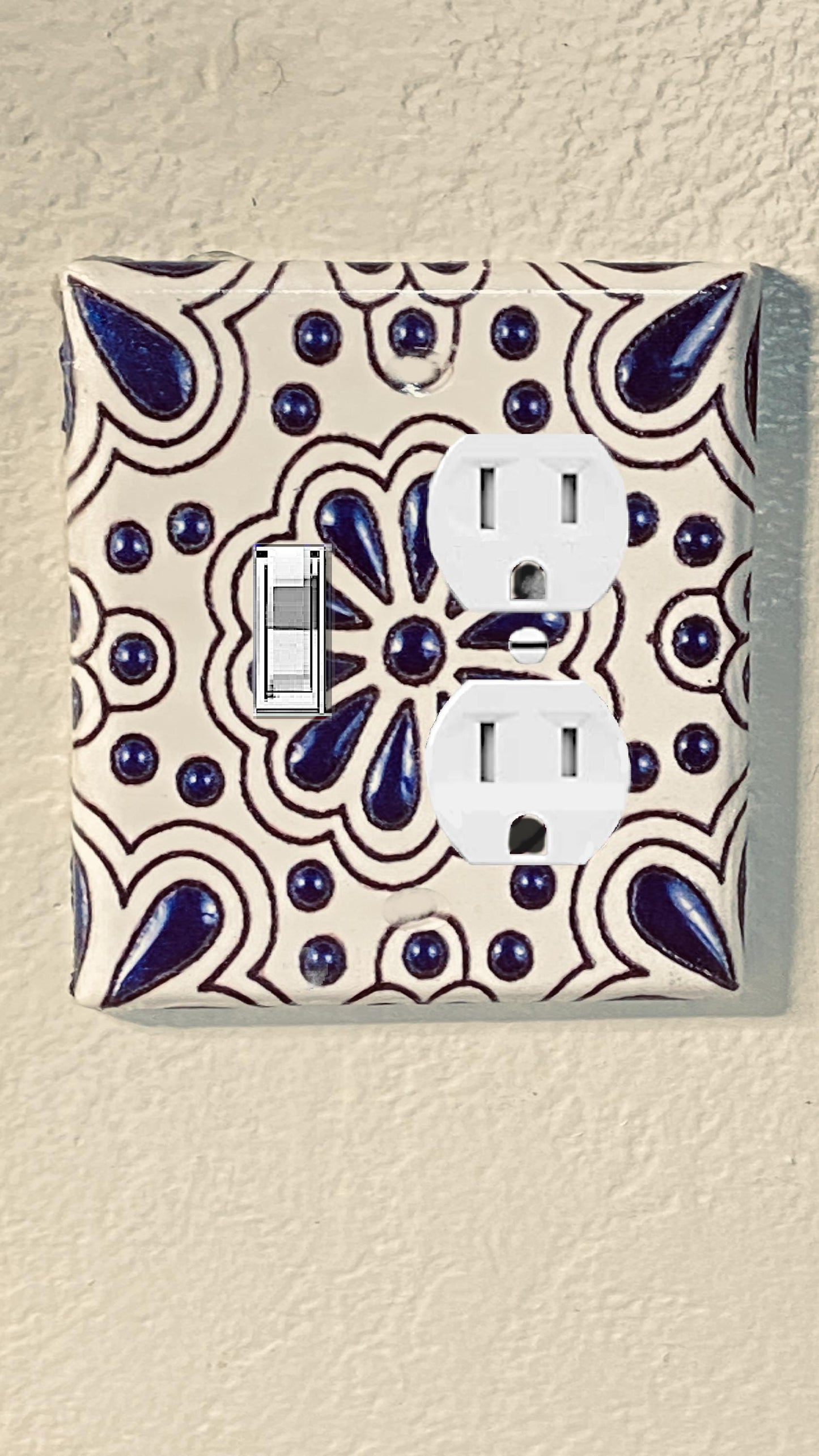 Handcrafted Talavera-Style Light Switch Cover – Navy Blue & White Mexican Design w/Intricate Beaded Accent, Nautical and Beach House Decor