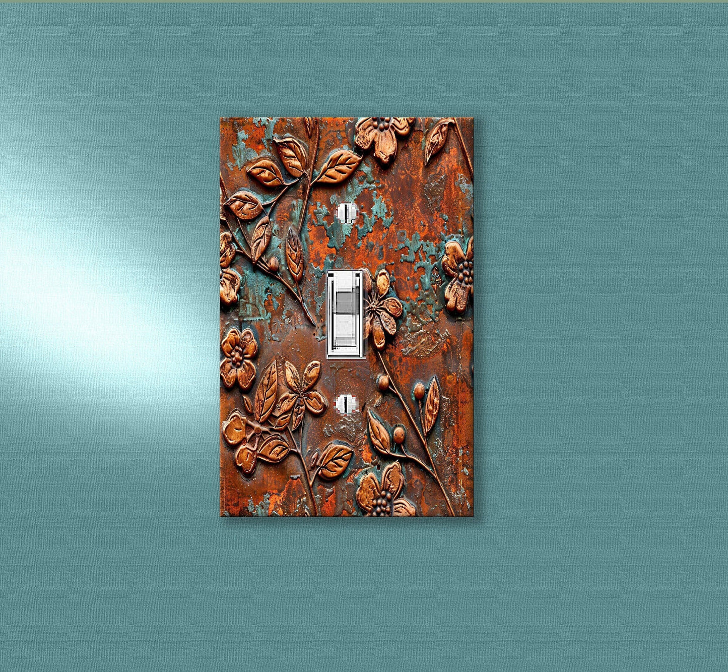 Rustic Copper Floral Print | Switch Plate Cover | Embossed Flowers Print w/Green Patina, Wall Art Decor | Farmhouse Wall Plate, Outlet Cover