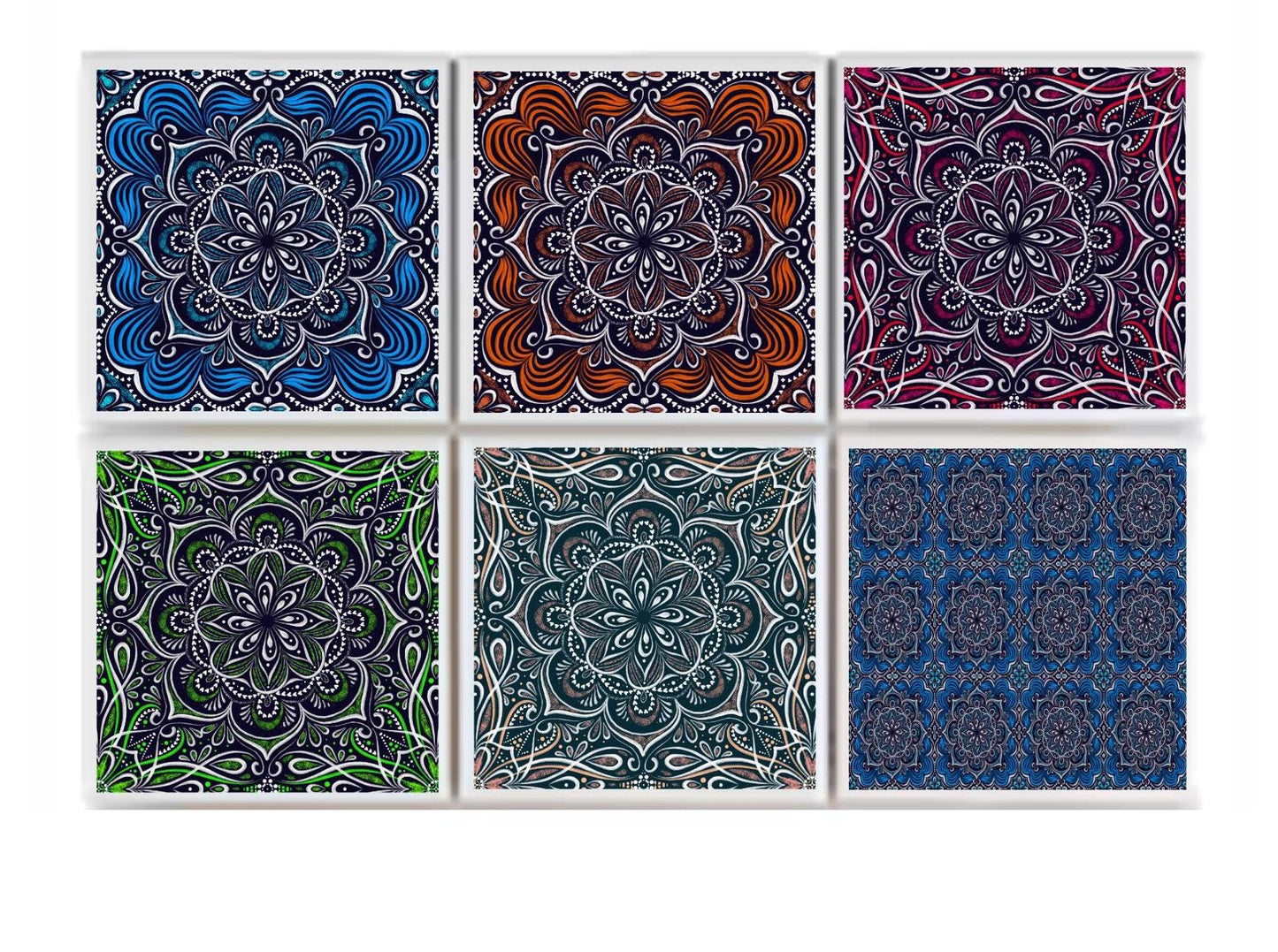 Coaster Set of 4 or 6 | Square Mandala Ceramic 4" Mug Mats | Absorbent Cork Back Drink Coasters | Kitchen & Dining Table Mats, Drink Mats