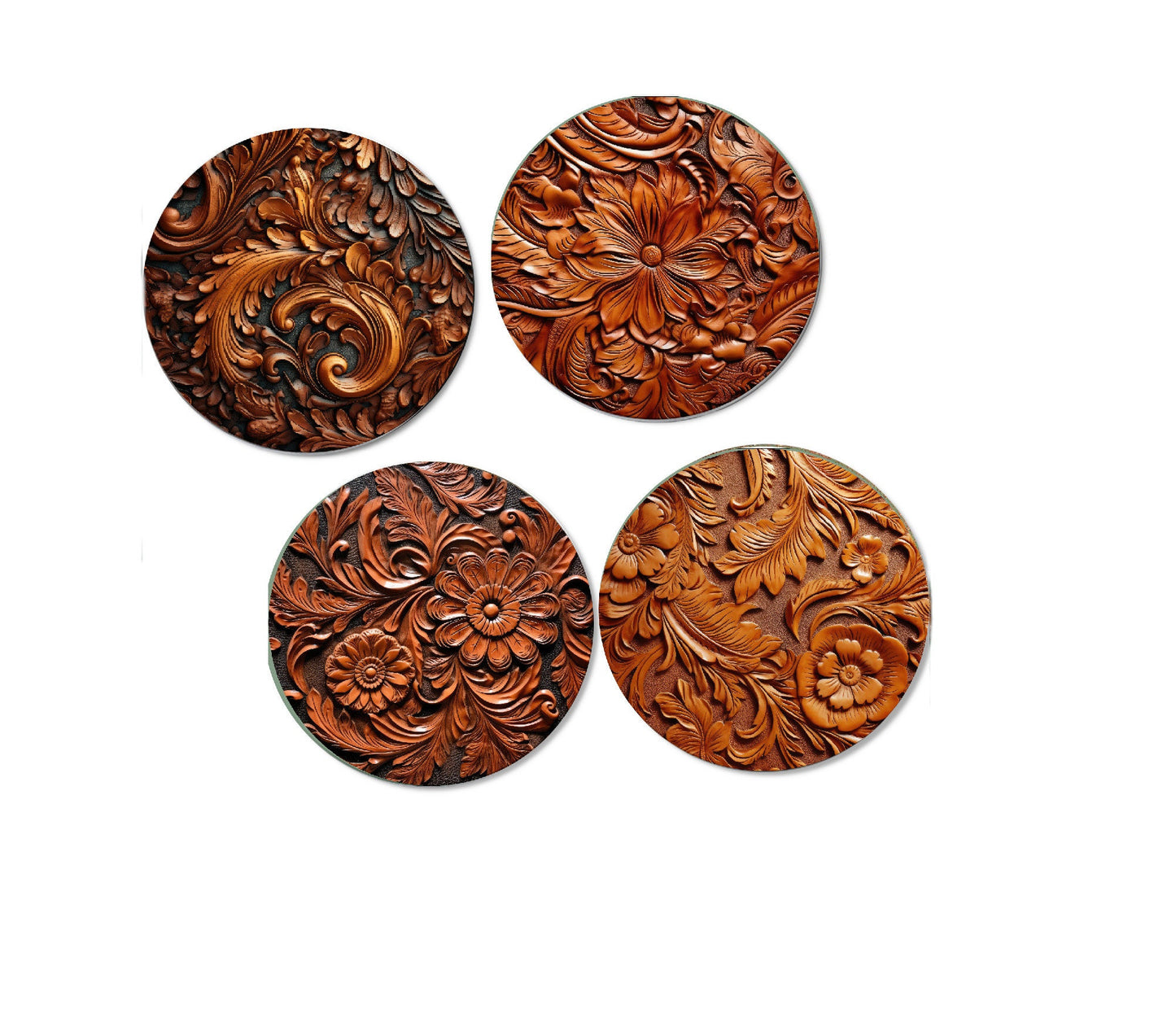 Rustic Coasters Set, 3D Print Tooled Leather | Rustic Floral Handmade Drink Coasters | Western Home Decor | Gift for Coffee or Bar Lovers