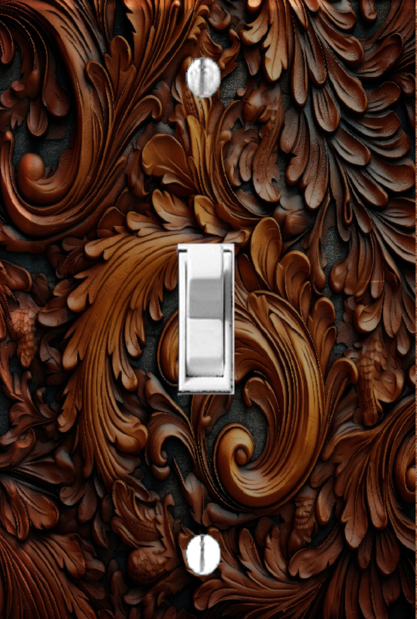 3D Tooled Leather Print Switchplate, Dark Tooled Leather Switch Covers, Rustic Leather Outlet Cover, Great Gift for Men, Wall Plate Art