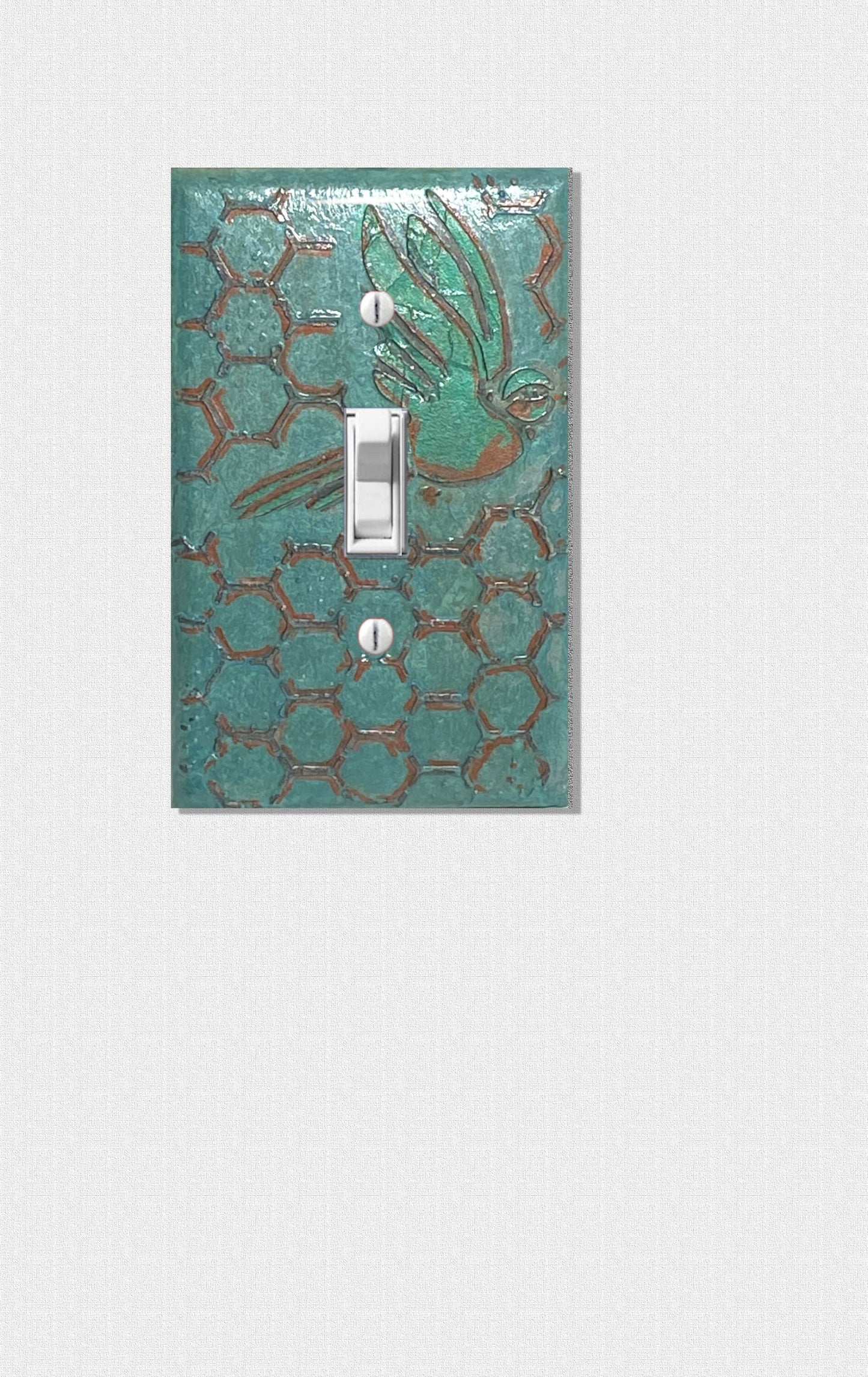 Handcrafted Teal Switch Cover: 3D Embossed Honeycomb Texture with Blue Bird Design - Artisan Made in USA - 3D Teal Outlet Cover Wall Plate