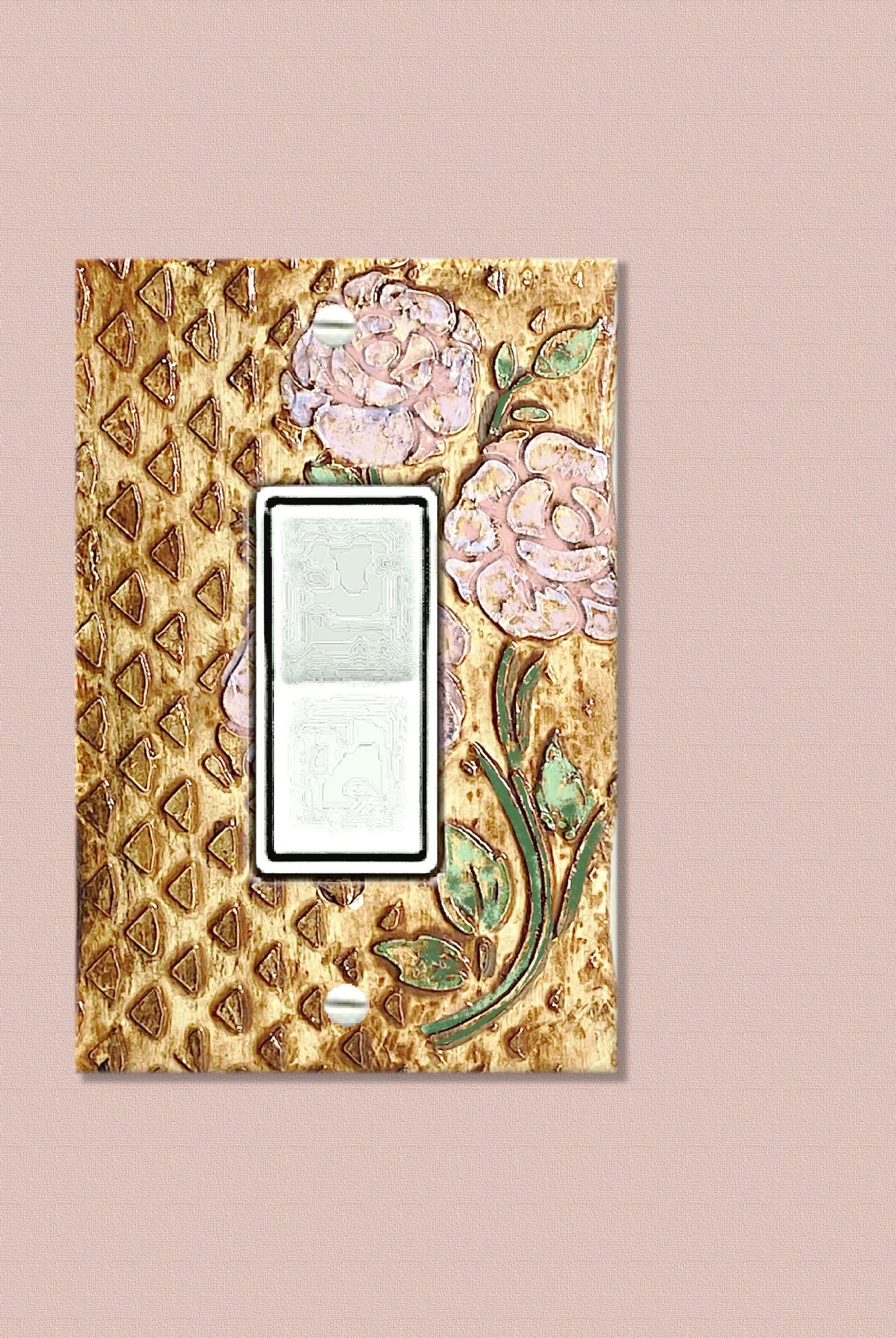 3D Light Switch Cover, Handcrafted Switchplate Cover, Lite Pink Roses on Stone Wall, Artisan Crafted in Missouri USA