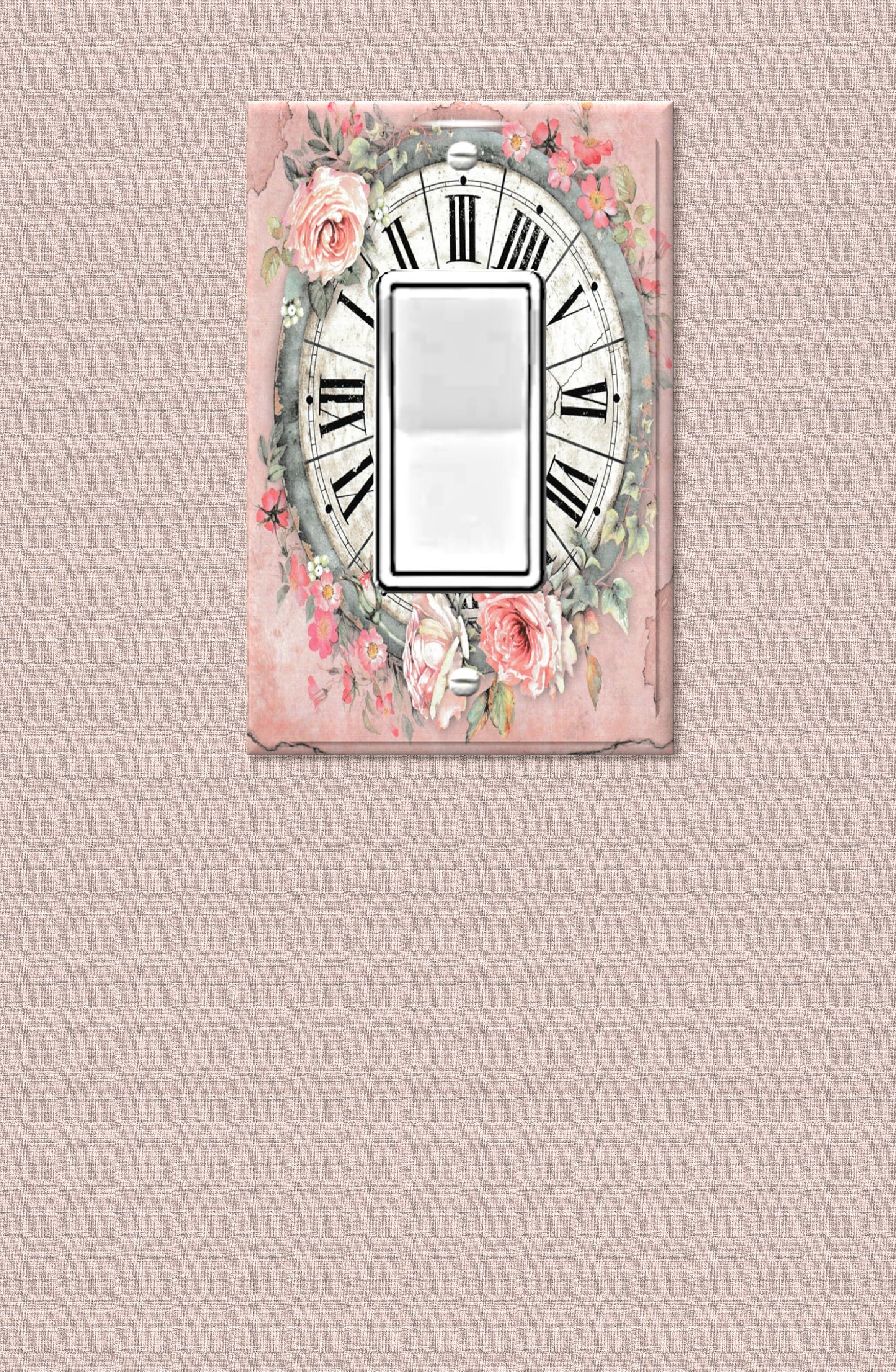 Shabby Chic Light Switch Cover Switchplate, Antique Clock Outlet Cover, Wall Plate with Pink Roses, Switch Plate Toggle Duplex Decora Plate