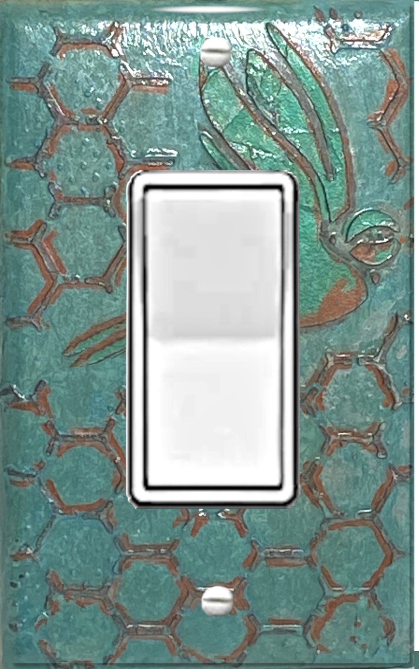 Handcrafted Teal Switch Cover: 3D Embossed Honeycomb Texture with Blue Bird Design - Artisan Made in USA - 3D Teal Outlet Cover Wall Plate