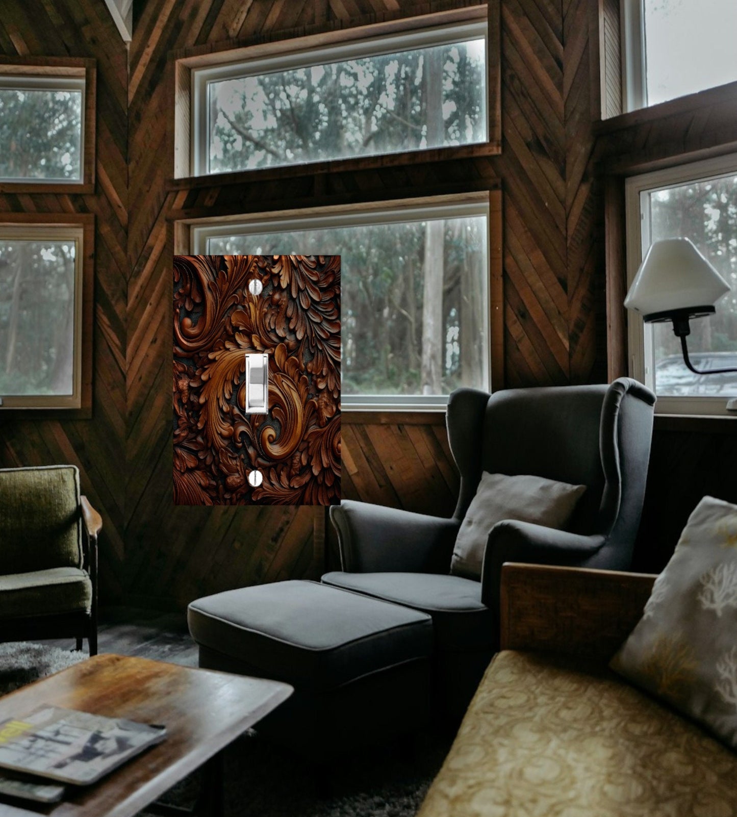 3D Tooled Leather Print Switchplate, Dark Tooled Leather Switch Covers, Rustic Leather Outlet Cover, Great Gift for Men, Wall Plate Art