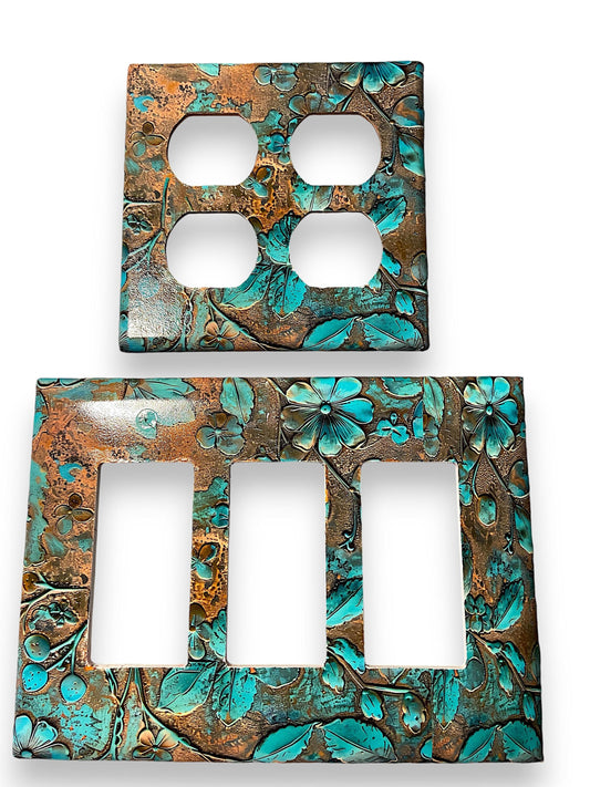Rustic Green Patina Floral Light Switch Cover, Decorative Switch Plate w/Copper & Turquoise Accents, Kitchen Bathroom Office Wall Plate