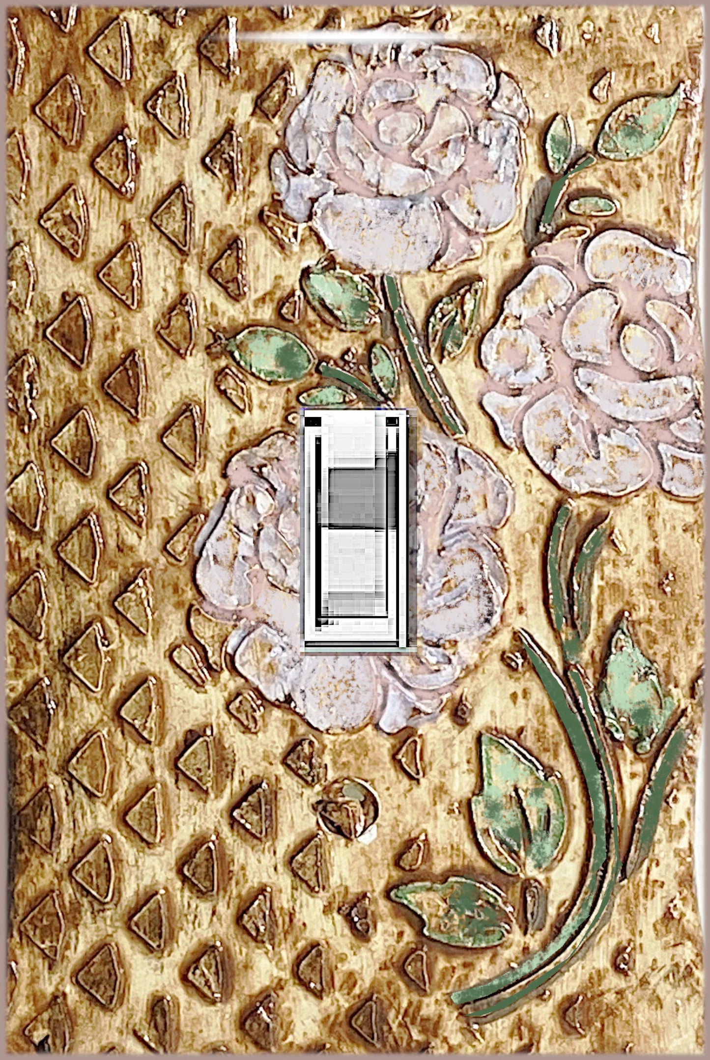 3D Light Switch Cover, Handcrafted Switchplate Cover, Lite Pink Roses on Stone Wall, Artisan Crafted in Missouri USA