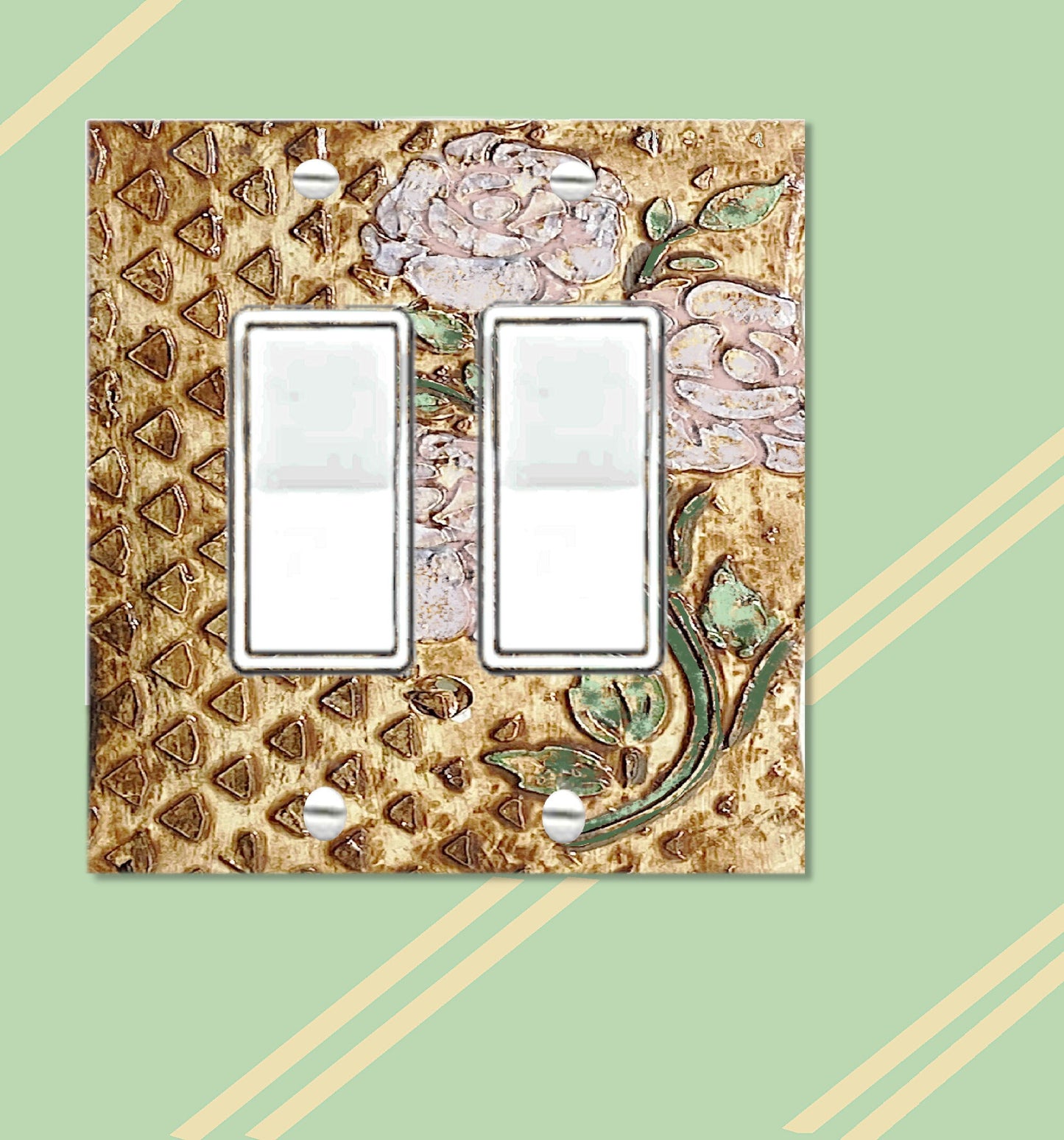 3D Light Switch Cover, Handcrafted Switchplate Cover, Lite Pink Roses on Stone Wall, Artisan Crafted in Missouri USA