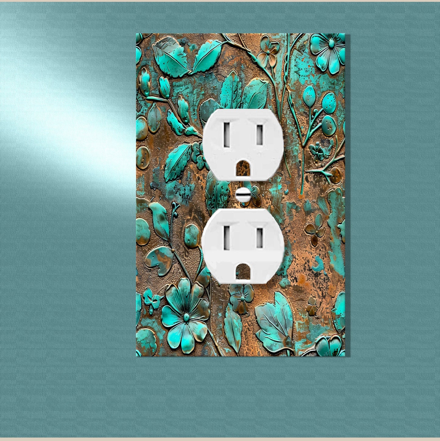 Rustic Green Patina Floral Light Switch Cover, Decorative Switch Plate w/Copper & Turquoise Accents, Kitchen Bathroom Office Wall Plate
