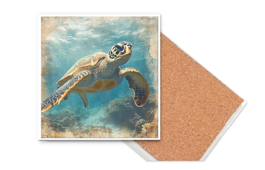 Nautical Print Coasters Set of 4 or 6 | Square Ceramic 4" Cork Back Drink Mats | Kitchen/Dining Table Decor, Watercolor Coasters, Mug Rug