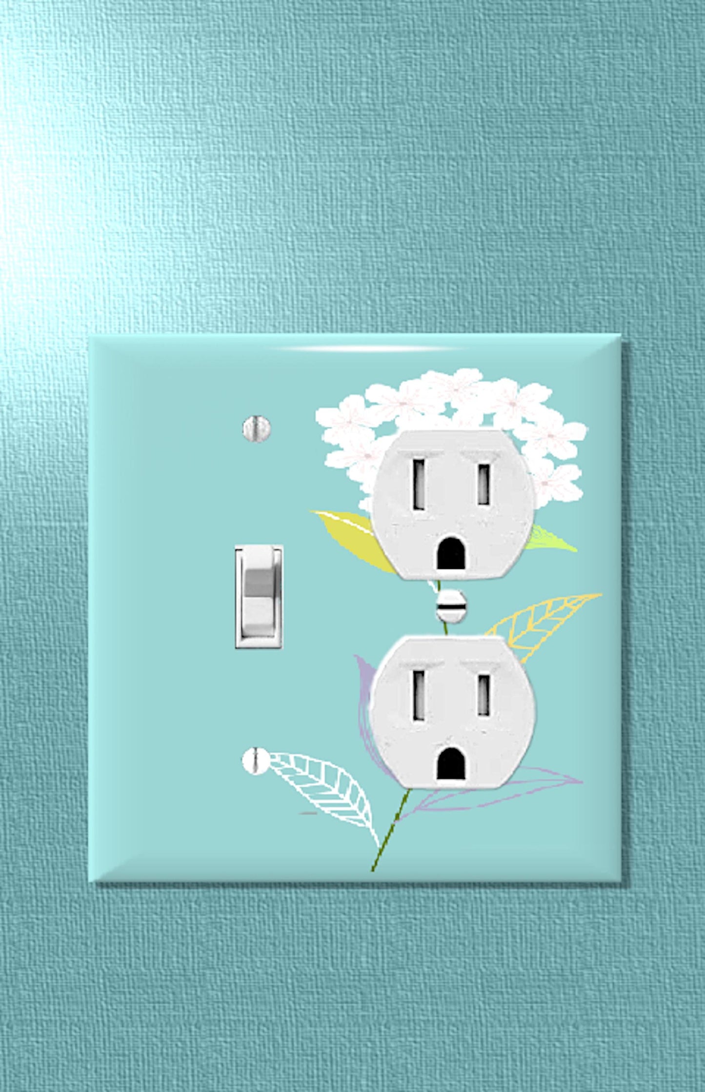 Floral Light Switch Cover - White Hydrangea on Aqua Background - Decorative Switch Plate for Home, Nursery, or Bathroom - Outlet Cover