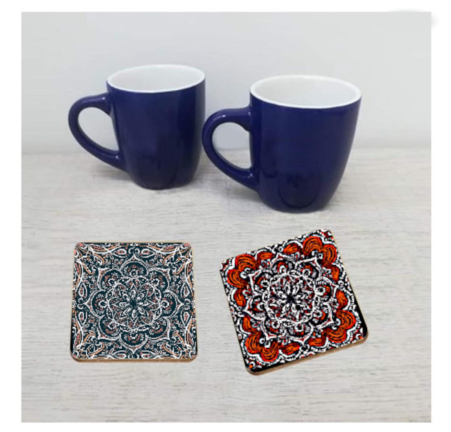 Coaster Set of 4 or 6 | Square Mandala Ceramic 4" Mug Mats | Absorbent Cork Back Drink Coasters | Kitchen & Dining Table Mats, Drink Mats