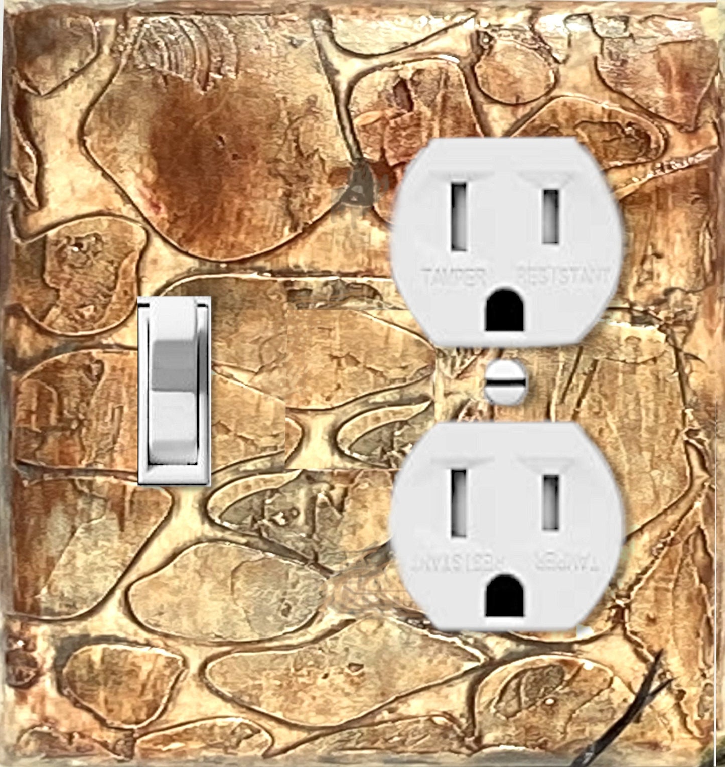 Handcrafted Natural Brown Stone Textured Switch Plate-Mixed Media Outlet Cover for Kitchen, Bathroom, Bedroom-Sculpted and Painted Artistry