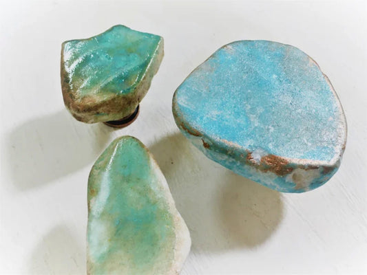 Unique Copper & Blue Patina Stone Knobs - Antique Copper Base - Cabinet and Drawer Hardware - Handcrafted Asymmetrical Furniture Knobs