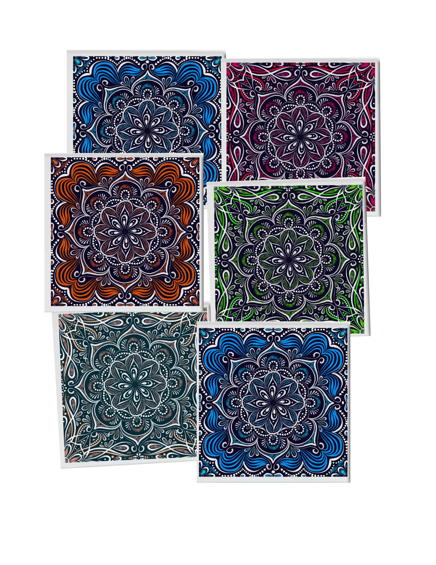 Coaster Set of 4 or 6 | Square Mandala Ceramic 4" Mug Mats | Absorbent Cork Back Drink Coasters | Kitchen & Dining Table Mats, Drink Mats