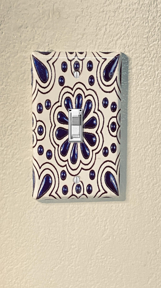 Handcrafted  Light Switch Cover, Mexican Pottery Talavera Style – Navy Blue & White Mexican Design