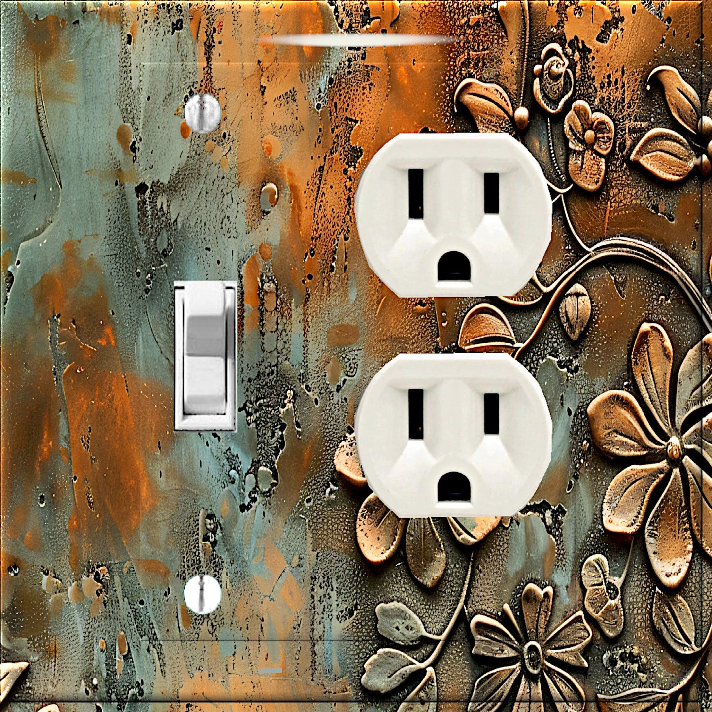 Rustic Bronze Floral Print Light Switch Plate Cover - Print of Embossed Metallic Flowers Patina Highlights-Perfect for Bedroom\Office Decor