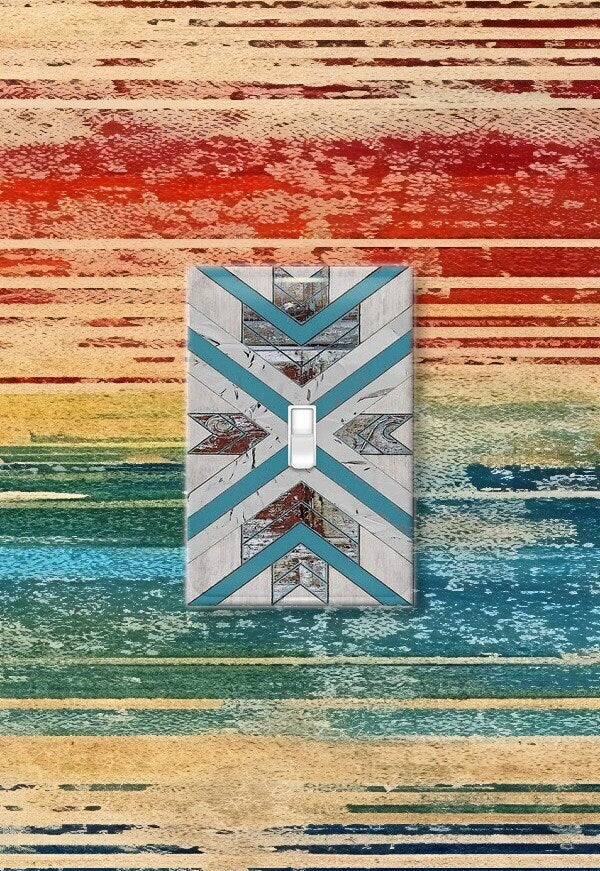 Rustic Boho Chevron Light Switch Cover – Blue and White Southwestern Wall Plate, Farmhouse Geometric Home Decor, Western Switchplate