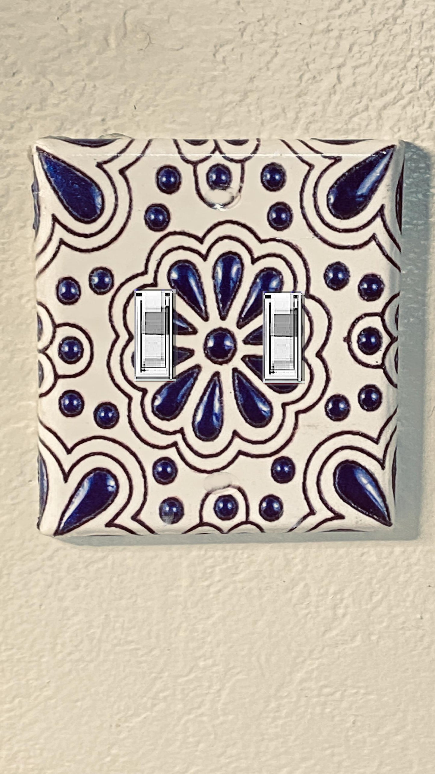 Handcrafted Talavera-Style Light Switch Cover – Navy Blue & White Mexican Design w/Intricate Beaded Accent, Nautical and Beach House Decor