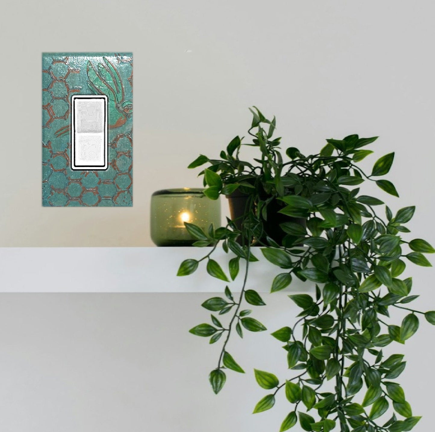 Handcrafted Teal Switch Cover: 3D Embossed Honeycomb Texture with Blue Bird Design - Artisan Made in USA - 3D Teal Outlet Cover Wall Plate