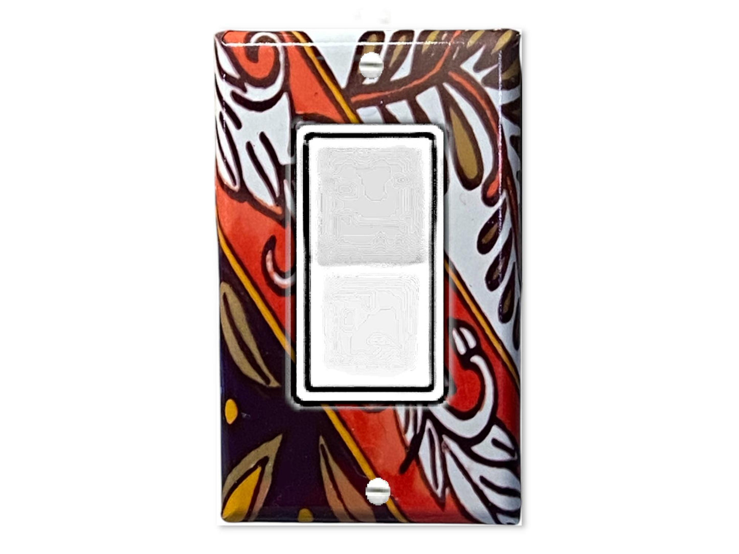 Talavera-Inspired Decorative Light Switch Cover from Mexican Tile Art – Orange, Brown, & White Accent for Walls, Backsplash, or Home Decor