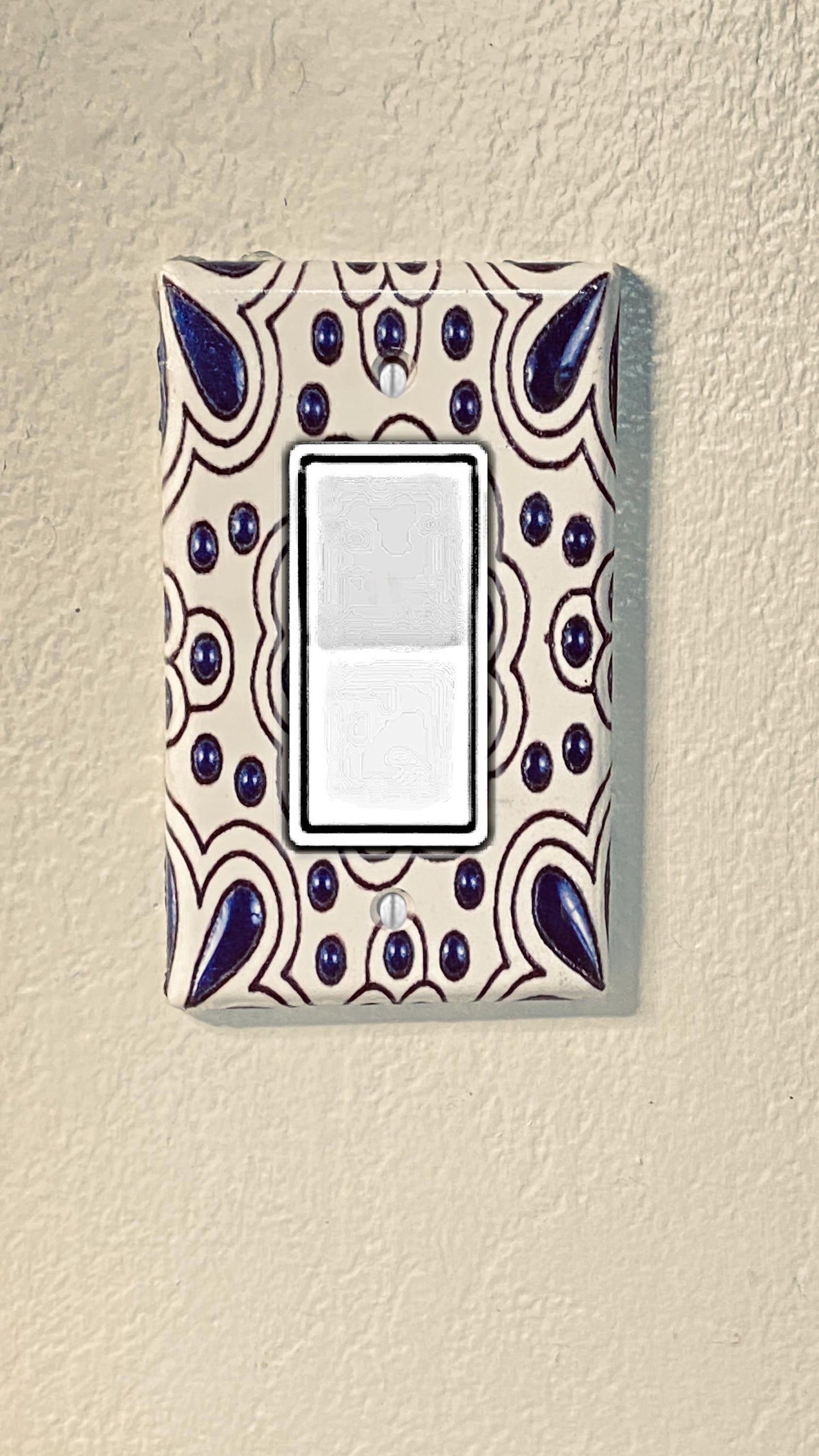Handcrafted Talavera-Style Light Switch Cover – Navy Blue & White Mexican Design w/Intricate Beaded Accent, Nautical and Beach House Decor