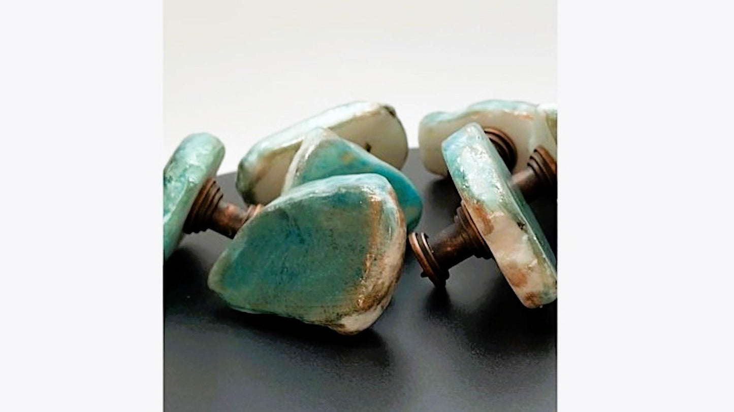 Unique Copper & Blue Patina Stone Knobs - Antique Copper Base - Cabinet and Drawer Hardware - Handcrafted Asymmetrical Furniture Knobs