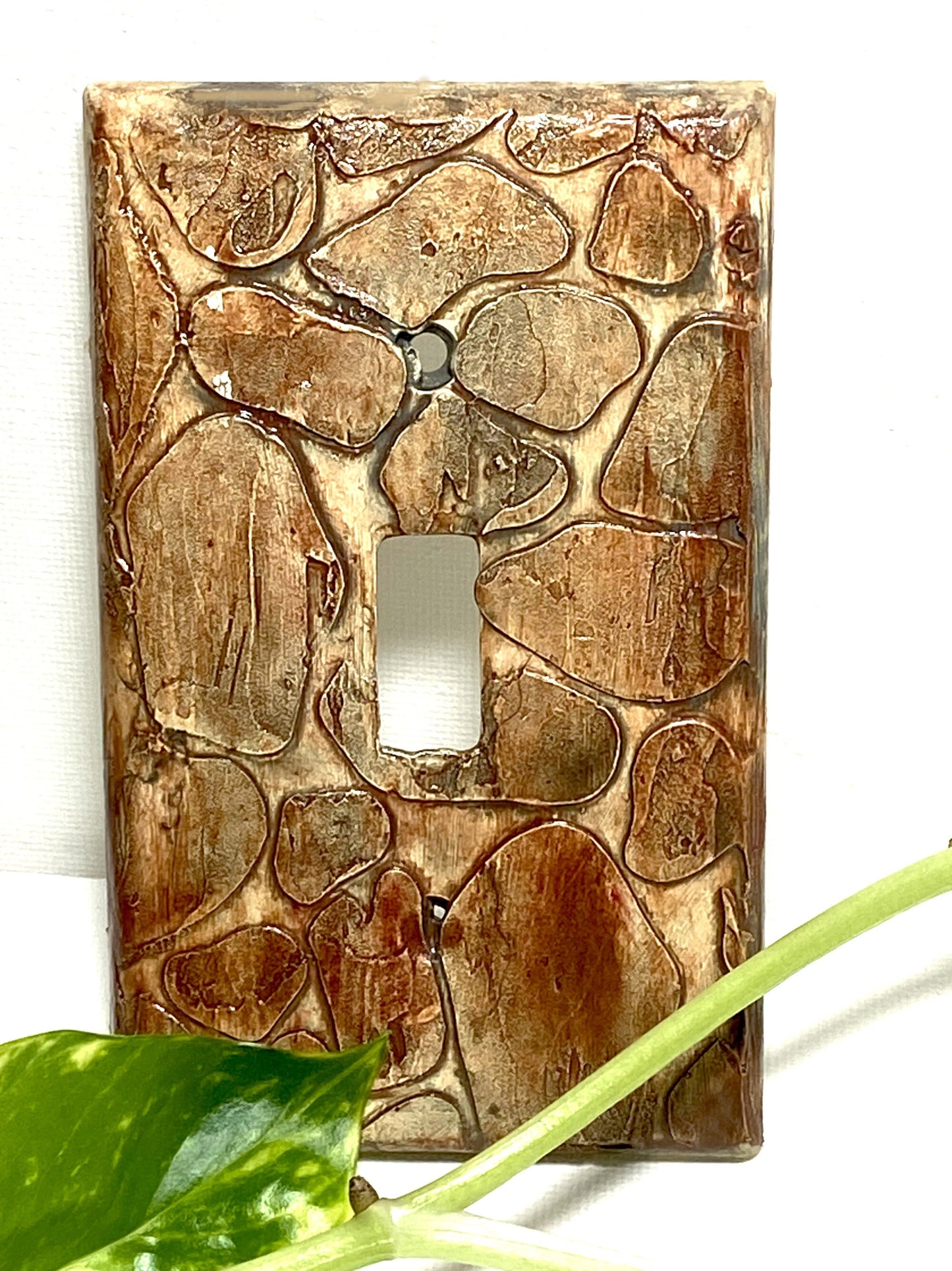 Handcrafted Natural Brown Stone Textured Switch Plate-Mixed Media Outlet Cover for Kitchen, Bathroom, Bedroom-Sculpted and Painted Artistry