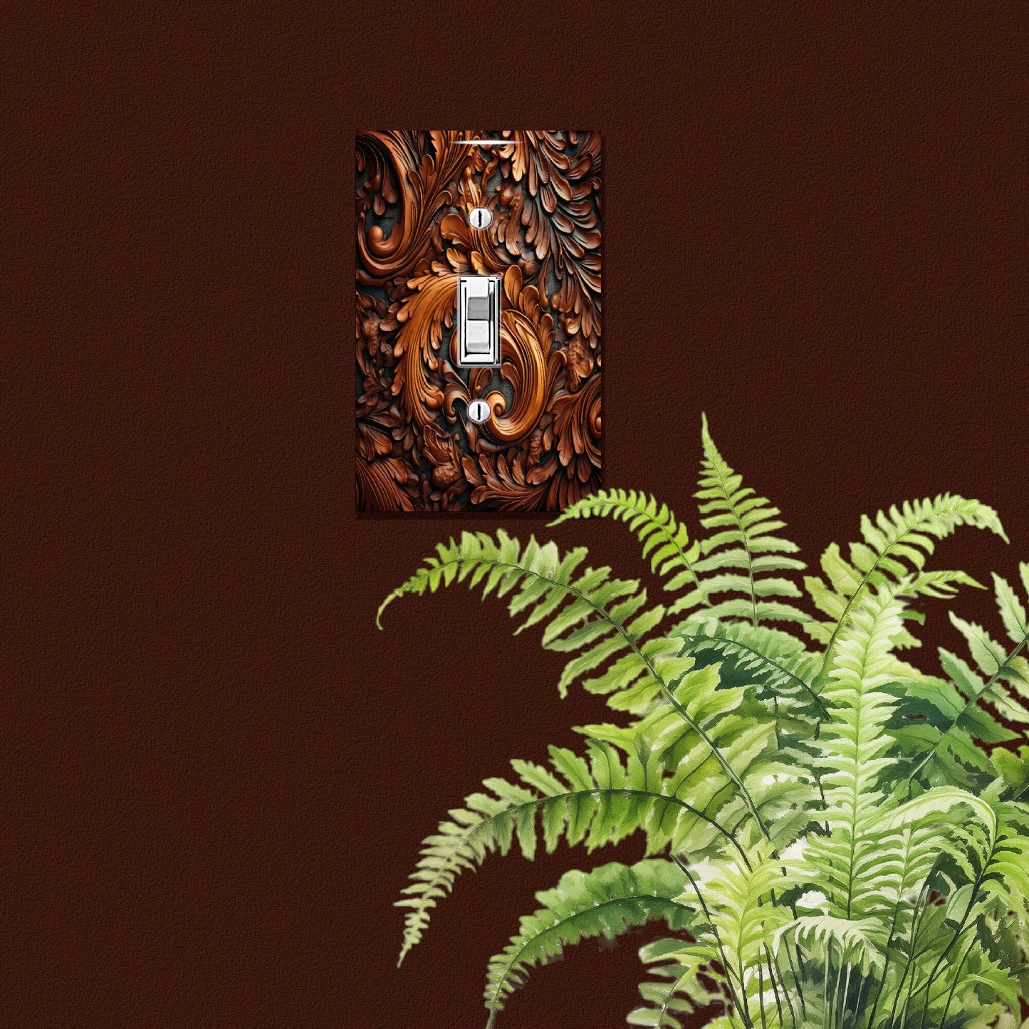 3D Tooled Leather Print Switchplate, Dark Tooled Leather Switch Covers, Rustic Leather Outlet Cover, Great Gift for Men, Wall Plate Art