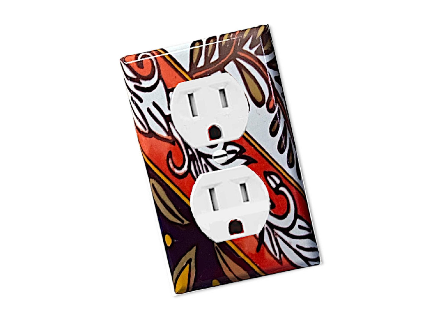 Talavera-Inspired Decorative Light Switch Cover from Mexican Tile Art – Orange, Brown, & White Accent for Walls, Backsplash, or Home Decor