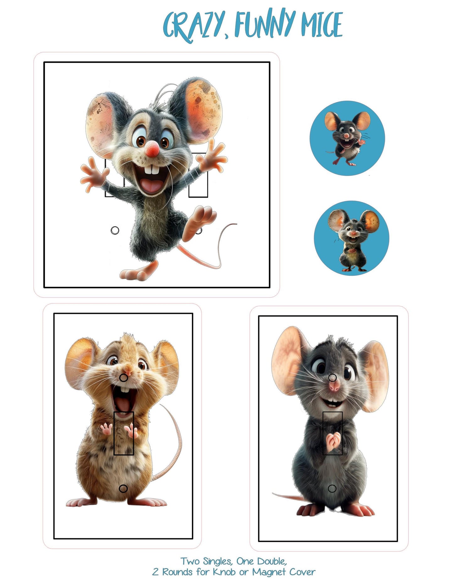 Funny Mouse Light Switch Decals–Cute Cartoon Mice Wall Stickers for Kids Room, Nursery or Playroom–Switch Plate Covers + Round Knob Stickers