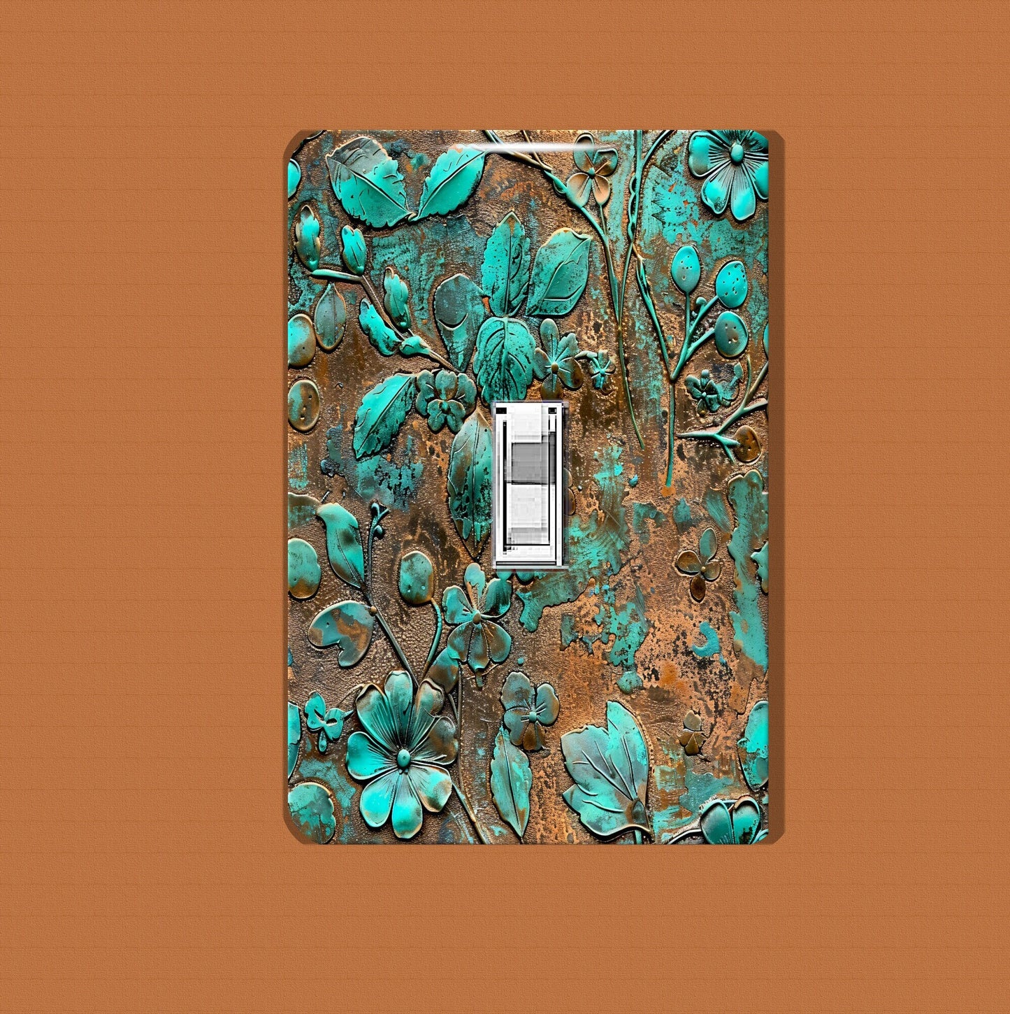 Rustic Green Patina Floral Light Switch Cover, Decorative Switch Plate w/Copper & Turquoise Accents, Kitchen Bathroom Office Wall Plate