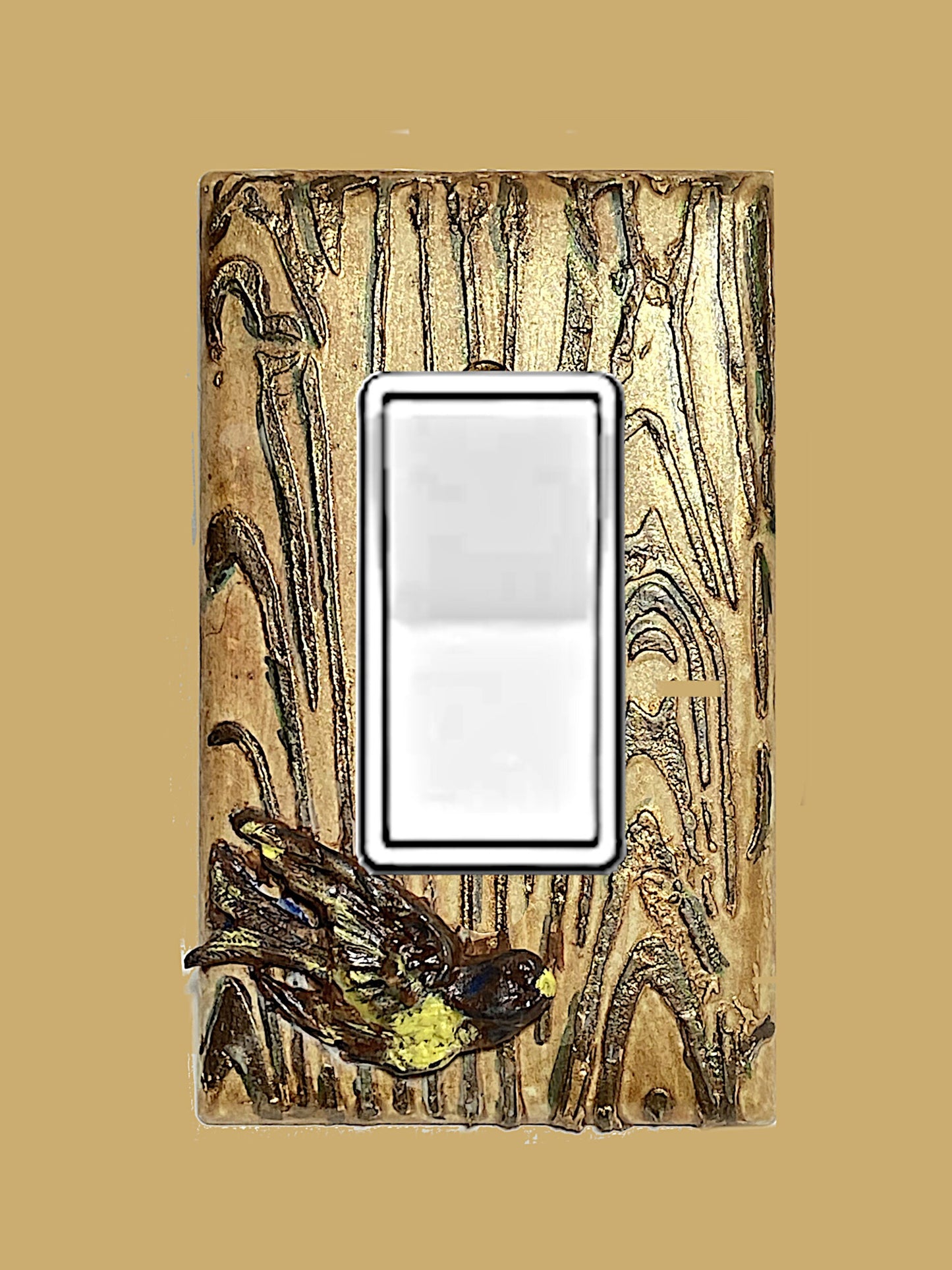 Textured Switch Plate, Golden Wood Grain with a Bird in Flight, Mixed Media Outlet Cover for Kitchen, Bathroom, Bedroom. FREE US SHIPPING