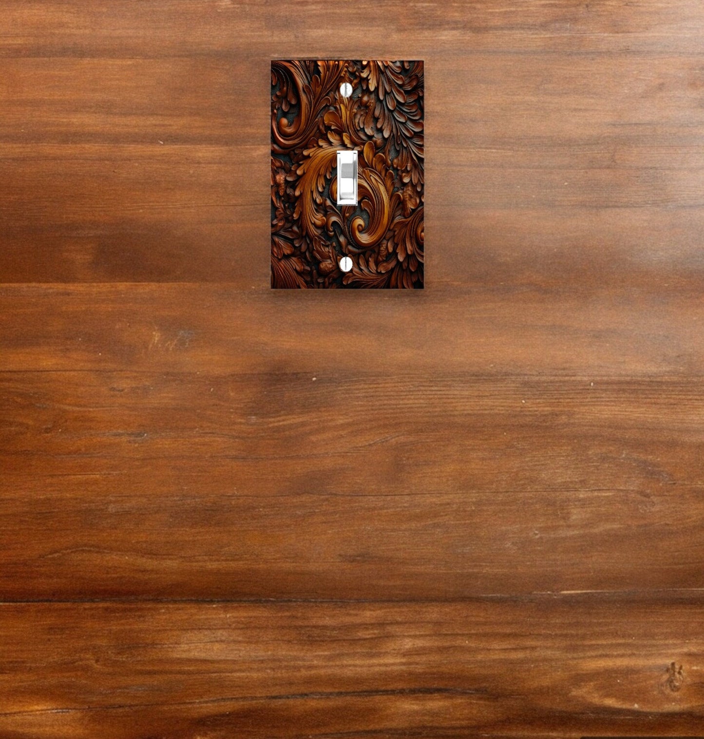 3D Tooled Leather Print Switchplate, Dark Tooled Leather Switch Covers, Rustic Leather Outlet Cover, Great Gift for Men, Wall Plate Art