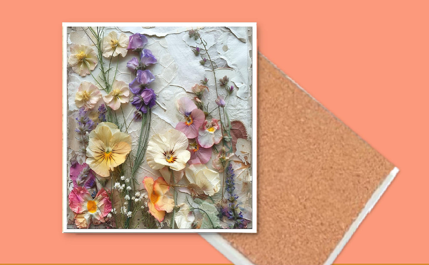 3D Flowers Print Coasters Set of 4 or 6 | Square Ceramic 4" Cork Back Drink Mats | Kitchen/Dining Table Decor, Floral Coasters Botanical