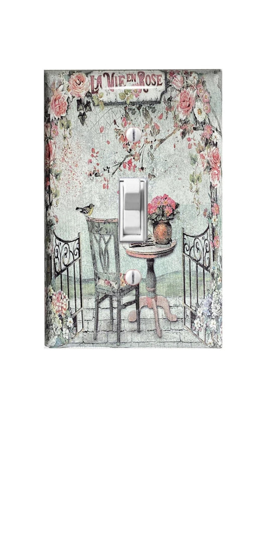 Shabby Chic Light Switch Cover - French Vintage "La Vie en Rose" Garden Scene - Romantic Floral Decor for Home, Bedroom, Cottagecore Style
