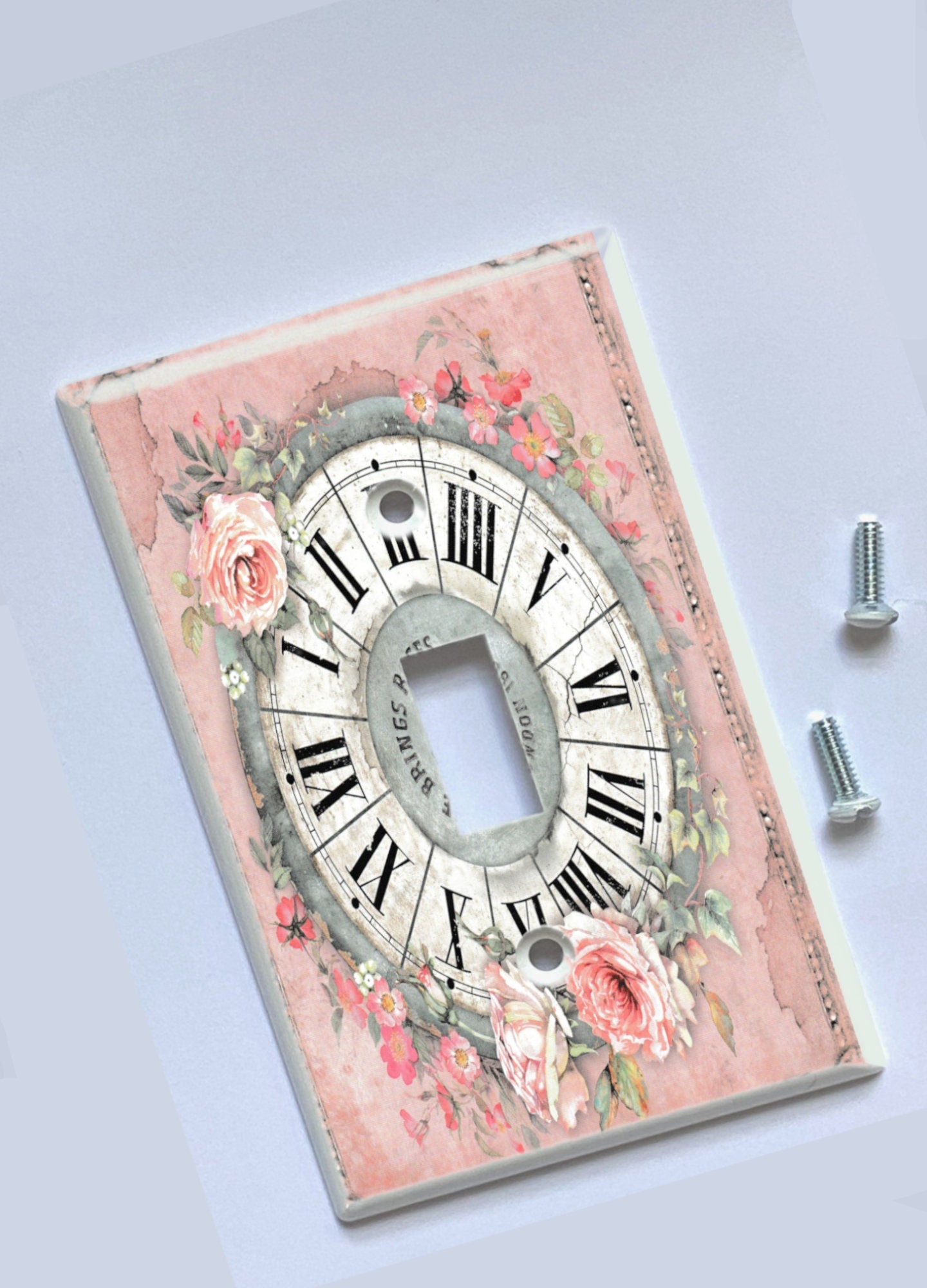Shabby Chic Light Switch Cover Switchplate, Antique Clock Outlet Cover, Wall Plate with Pink Roses, Switch Plate Toggle Duplex Decora Plate