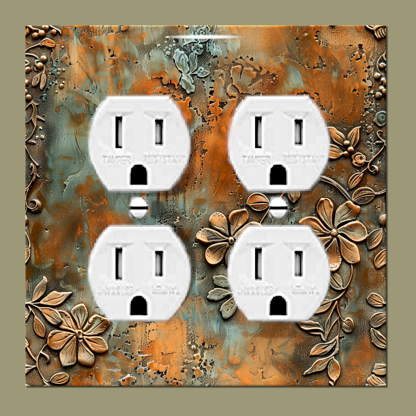 Rustic Bronze Floral Print Light Switch Plate Cover - Print of Embossed Metallic Flowers Patina Highlights-Perfect for Bedroom\Office Decor