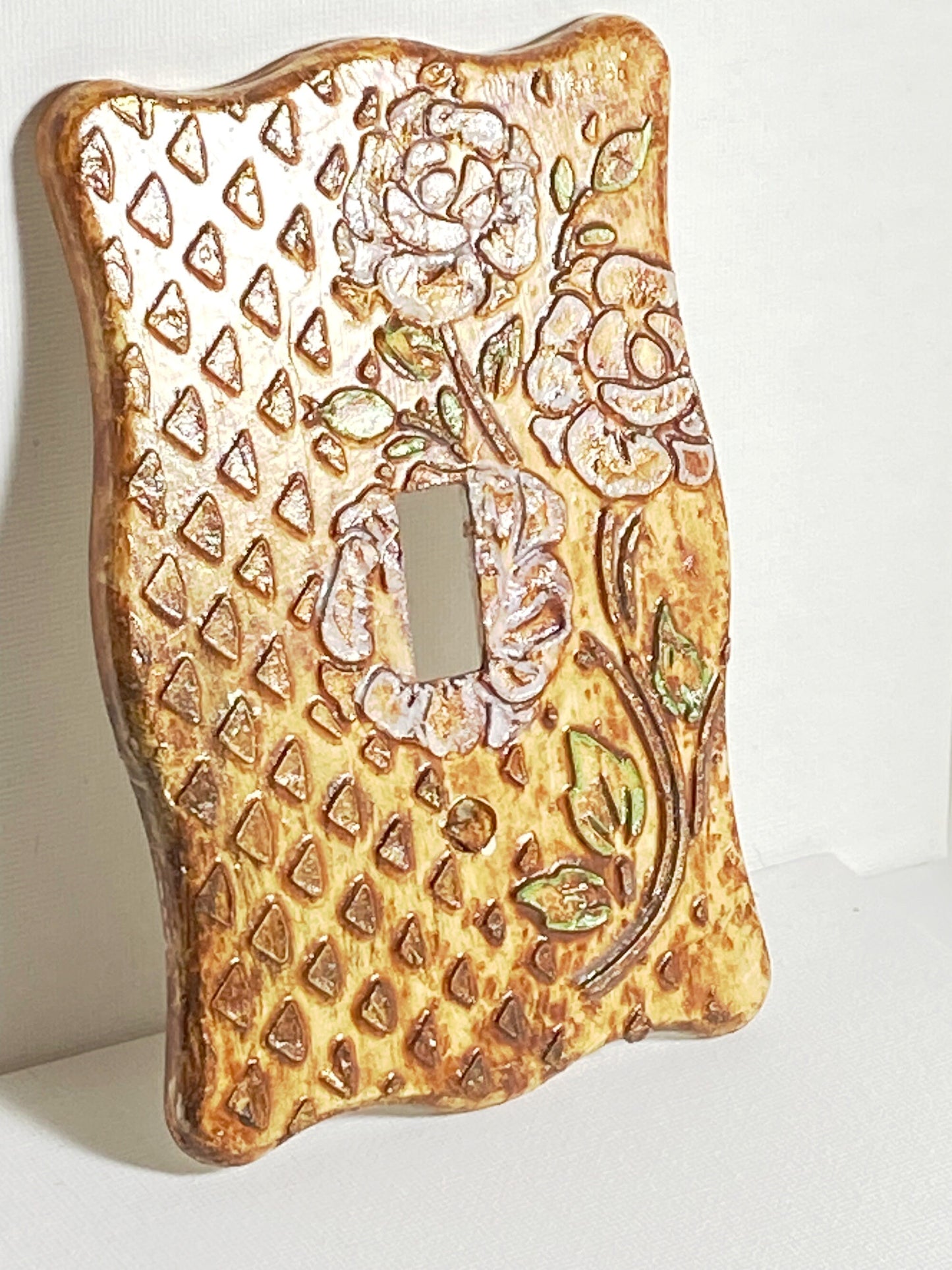 3D Light Switch Cover, Handcrafted Switchplate Cover, Lite Pink Roses on Stone Wall, Artisan Crafted in Missouri USA