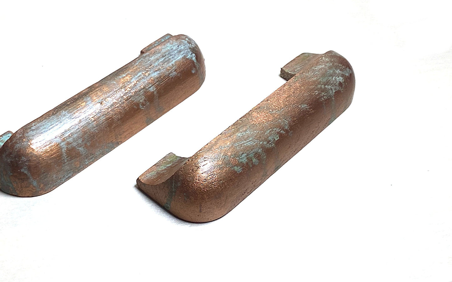 Verdigris Elegance: Hand-Painted Oak Cup Pulls with Faux Copper Finish, Blue/Green Patina | Perfect for Cabinets & Drawers, Kitchen Handles