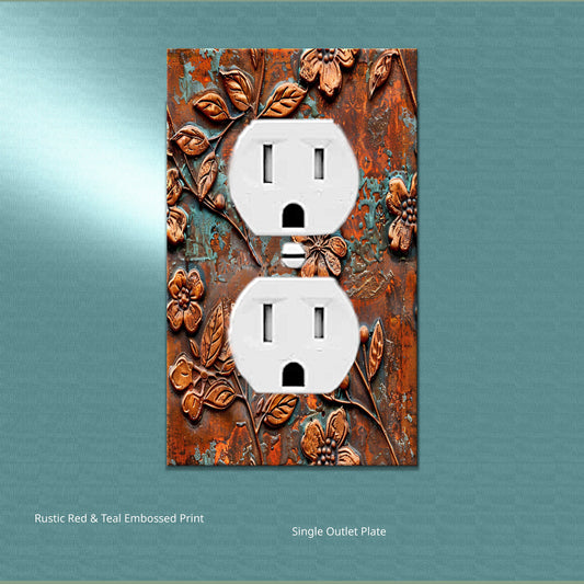 Rustic Copper Floral Print | Switch Plate Cover | Embossed Flowers Print w/Green Patina, Wall Art Decor | Farmhouse Wall Plate, Outlet Cover