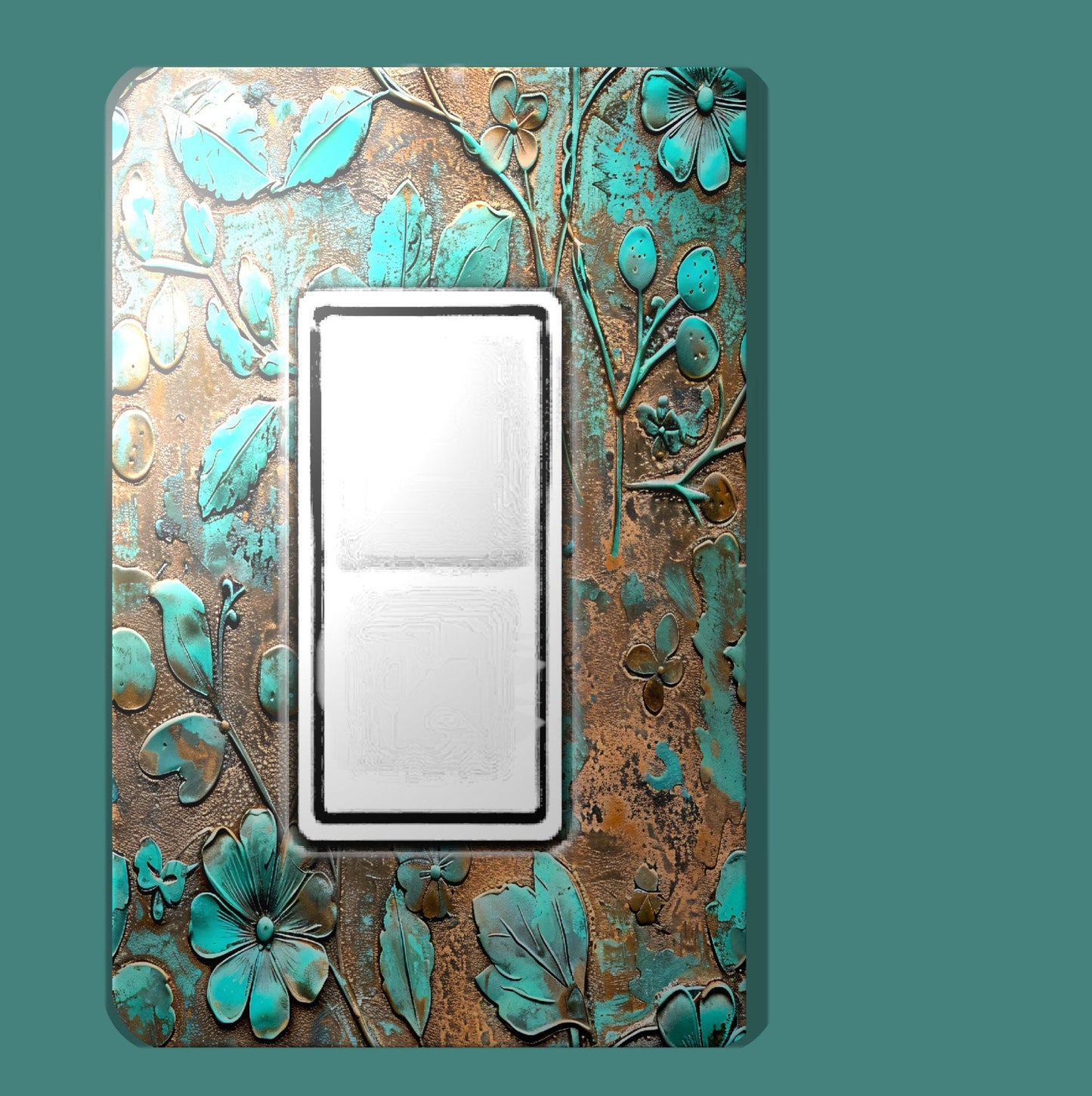 Rustic Green Patina Floral Light Switch Cover, Decorative Switch Plate w/Copper & Turquoise Accents, Kitchen Bathroom Office Wall Plate