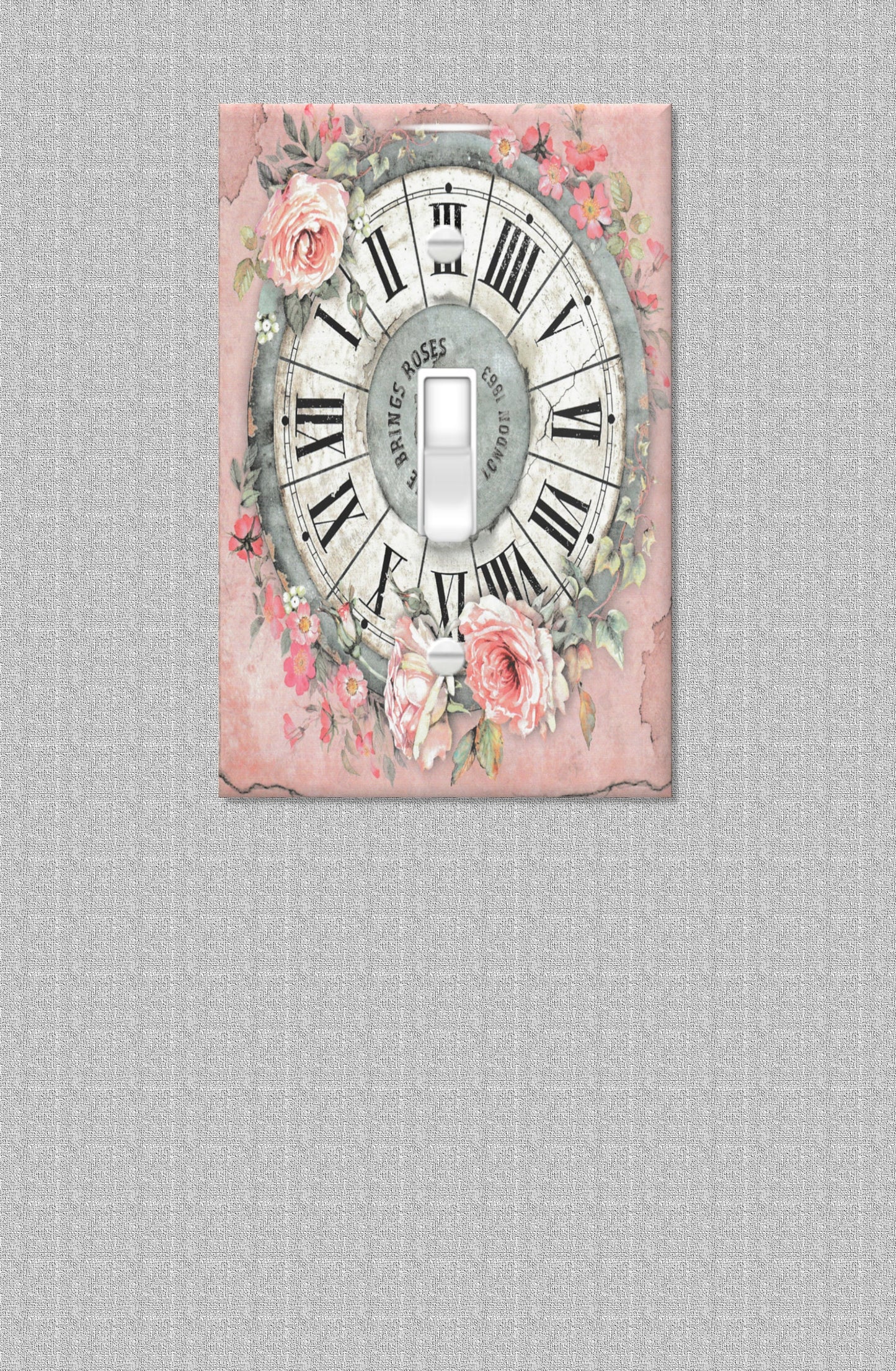 Shabby Chic Light Switch Cover Switchplate, Antique Clock Outlet Cover, Wall Plate with Pink Roses, Switch Plate Toggle Duplex Decora Plate