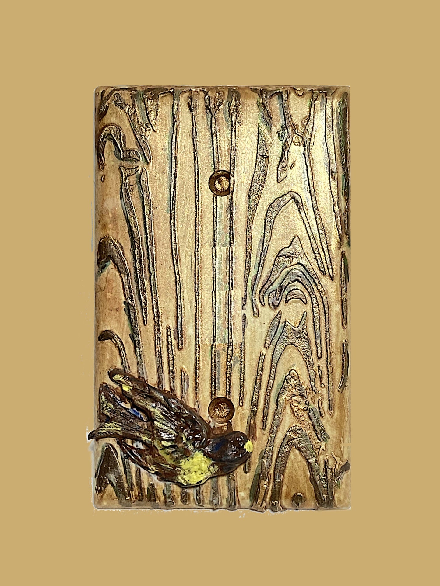 Textured Switch Plate, Golden Wood Grain with a Bird in Flight, Mixed Media Outlet Cover for Kitchen, Bathroom, Bedroom. FREE US SHIPPING
