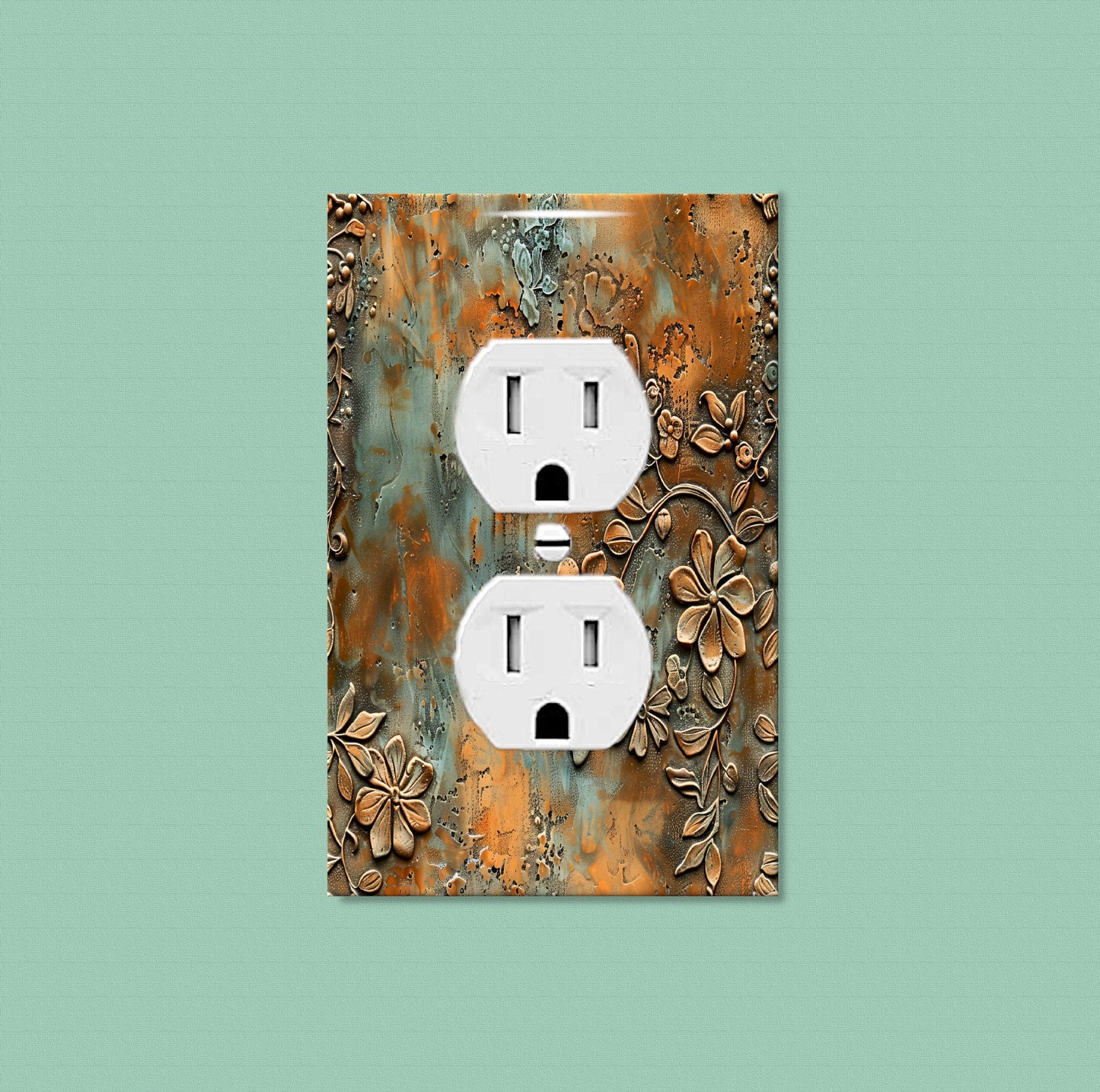 Rustic Bronze Floral Print Light Switch Plate Cover - Print of Embossed Metallic Flowers Patina Highlights-Perfect for Bedroom\Office Decor