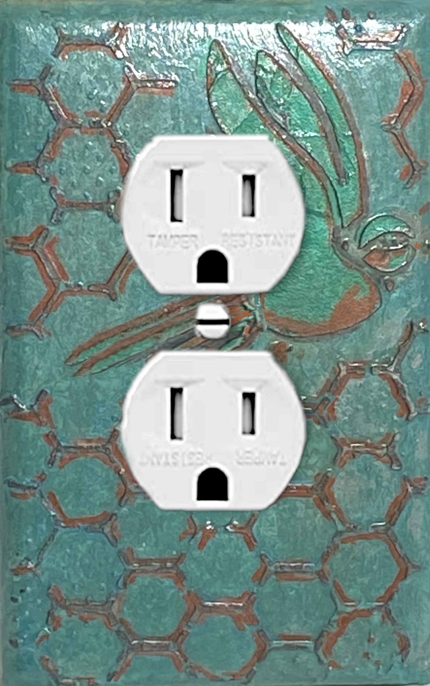 Handcrafted Teal Switch Cover: 3D Embossed Honeycomb Texture with Blue Bird Design - Artisan Made in USA - 3D Teal Outlet Cover Wall Plate
