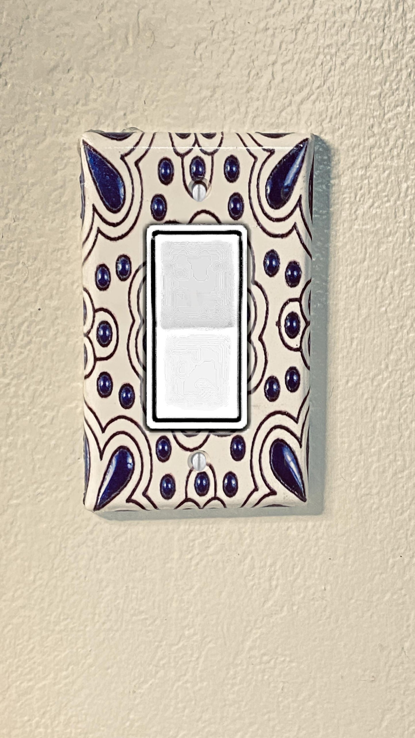 Handcrafted  Light Switch Cover, Mexican Pottery Talavera Style – Navy Blue & White Mexican Design